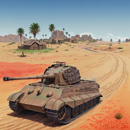 a kngtgrtnk tank is driving through the north african desert along a coastal road passing camel drivers and a small oasis, ((pulp_comic, heavy_lines, hand_drawn, hand_inked, hand_colored, apxlz))