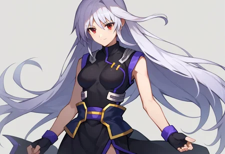 score_9, score_8_up, score_7_up, source_anime, good anatomy, 1girl, solo, Reinforce, long hair, white hair, single hair intake, red eye, long dress, black dress, sleeveless dress, side slit, purple dress trim, black corset, purple glove trim, black gloves, black metal shoes, black sock, fingerless gloves, standing, smiling