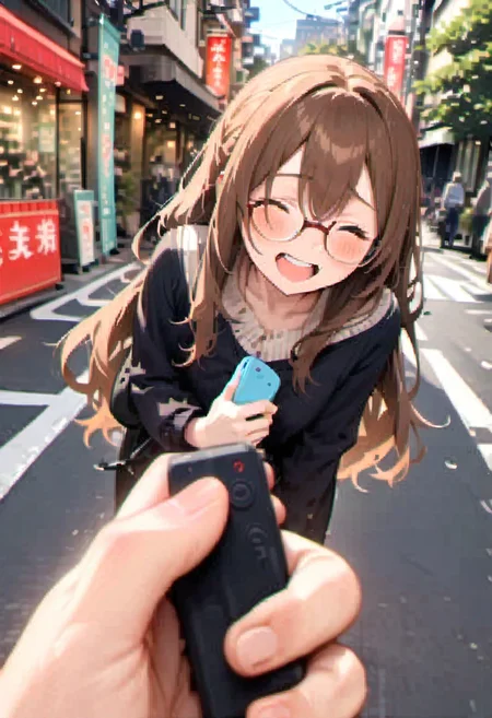 masterpiece, best quality, very aesthetic, absurdres,
remote controller, remote control, 1girl, glasses, solo, brown hair, long hair, laughing, holding, pov, street, road, city,
<lora:remocon_SDXL_V2:1>