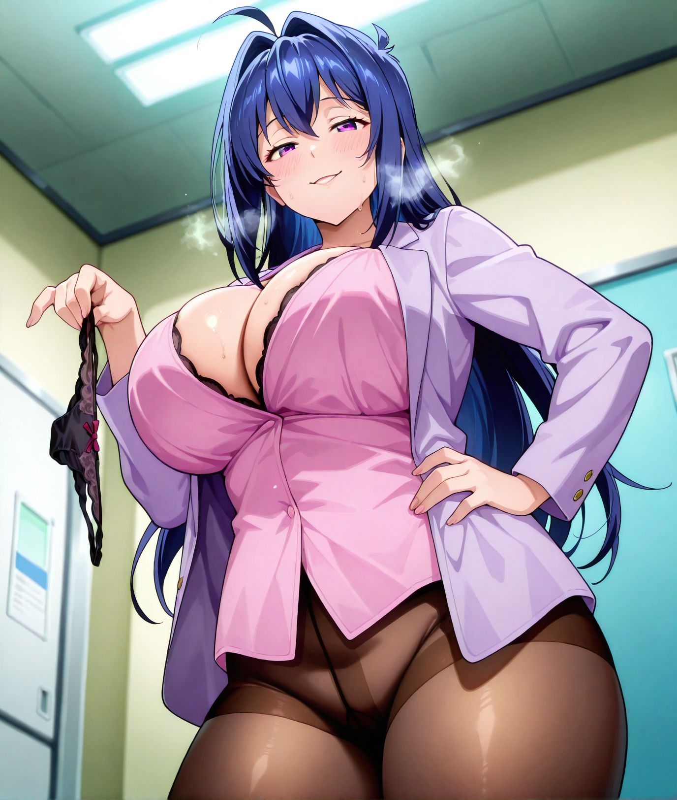 masterpiece, best quality, newest, absurdres, highres, detailed eyes, beautiful, detailed background, perfect eyes, anime coloring, anime screencap,<lora:add-detail-xl:0.5>
<lora:Holding_pantiesV1:0.5>Holding_pantiesV1,
1girl,panties,looking at viewer, naughty face, 
solo,standing, one hand lift,seductive smile, blush, 
one hand on own hip, heavy breathing, steam , dangling, 
holding panties with one hand,sweat, sweatdrop, no panties, 
maken-ki!, official art, 
Health room, 
pink shirt, light purple jacket, 
<lora:Aki_Nijou二条_秋マケン姫っ通:0.8>
Health room, Aki Nijou,blue hair, long_hair, ahoge, purple eyes, huge_breasts, hakui,brown pantyhose, 
milf,20YO,