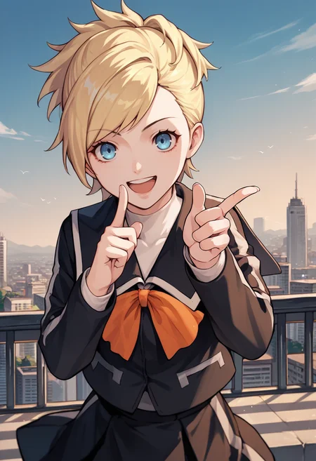 score_9, score_8_up, score_7_up, source_anime, 1girl, looking at viewer, smile, open mouth, finger gun, <lora:zs_LisaXL:1> lisap2, blonde hair, short hair, ponytail, blue eyes, school uniform, long sleeves, orange ribbon, skirt, knee socks, outdoors, cityscape, sky
