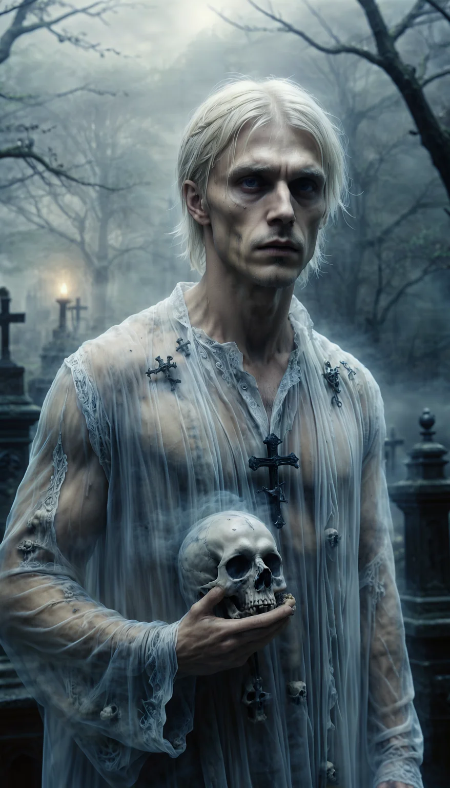 close-up, Masterpiece, best quality, intricate details, ethereal, textured skin, photorealistic, gravestones, upper body photo, ,a cute blonde male (man:1.3) wearing a nightgown, in a graveyard with fog rolling in, piles of skulls and bones,  ,in a graveyard with fog rolling in, piles of skulls and bones, fog, male, (man:1.3), graveyard, Aether_Ghost_v1.1_LoRA, add-detail-xl, DetailedEyes_V3, ,