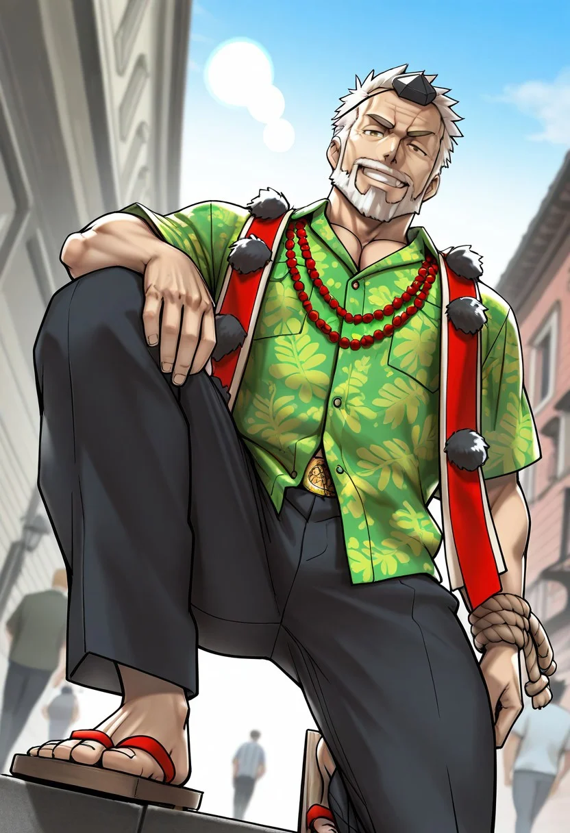 score_9, score_8_up, score_7_up, score_6_up, perfect anatomy, perfect proportions, best quality, masterpiece, high_resolution, high quality, aesthetic, absurdres, (solo focus, male focus, adult, mature, masculine, manly, virile, hunky, macho, beefy, gay, homo, bara), handsome, charming, alluring, heroic, triumphant, grim, stern, BREAK source_game, official style, by Mennsuke, Hogen, TASHogen, old man, wrinkle, gold eyes, white hair, short hair, facial hair, beard, TASHogen_outfit01, tokin \(headwear\), black headwear, green hawaiian shirt, beads necklace, Yuigesa \(stole\), stole with pom-pom, wrist rope, katana belt, black pants, geta, Ipponbageta \(one-tooth geta\), grin, smirk, on one knee, outdoors, BREAK, low angle, from below, blurred background, dutch angle, cowboy shot, outdoors, movie still, perfect face, vibrant, vivid, stardom, glamorous, extraordinary achievement, award-winning, expressionist, cinematic, cinematic still, emotional, harmonious, vignette, bokeh, cinemascope, moody, epic, gorgeous