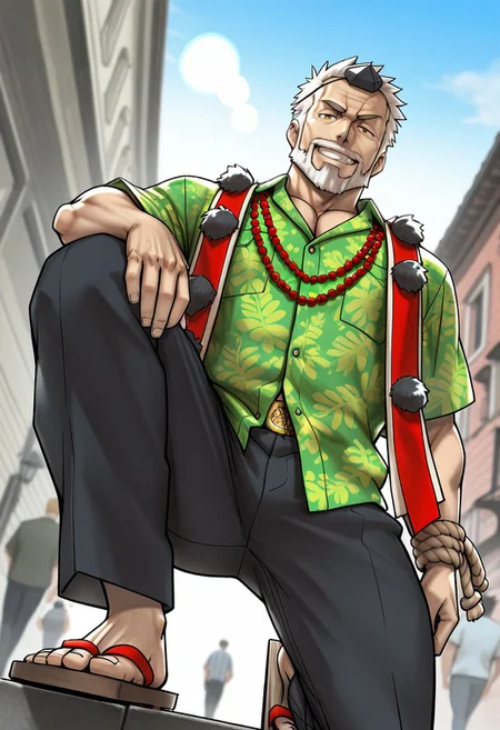 score_9, score_8_up, score_7_up, score_6_up, perfect anatomy, perfect proportions, best quality, masterpiece, high_resolution, high quality, aesthetic, absurdres, (solo focus, male focus, adult, mature, masculine, manly, virile, hunky, macho, beefy, gay, homo, bara), handsome, charming, alluring, heroic, triumphant, grim, stern, BREAK source_game, official style, by Mennsuke, Hogen, TASHogen, old man, wrinkle, gold eyes, white hair, short hair, facial hair, beard, TASHogen_outfit01, tokin \(headwear\), black headwear, green hawaiian shirt, beads necklace, Yuigesa \(stole\), stole with pom-pom, wrist rope, katana belt, black pants, geta, Ipponbageta \(one-tooth geta\), grin, smirk, on one knee, outdoors, BREAK, low angle, from below, blurred background, dutch angle, cowboy shot, outdoors, movie still, perfect face, vibrant, vivid, stardom, glamorous, extraordinary achievement, award-winning, expressionist, cinematic, cinematic still, emotional, harmonious, vignette, bokeh, cinemascope, moody, epic, gorgeous