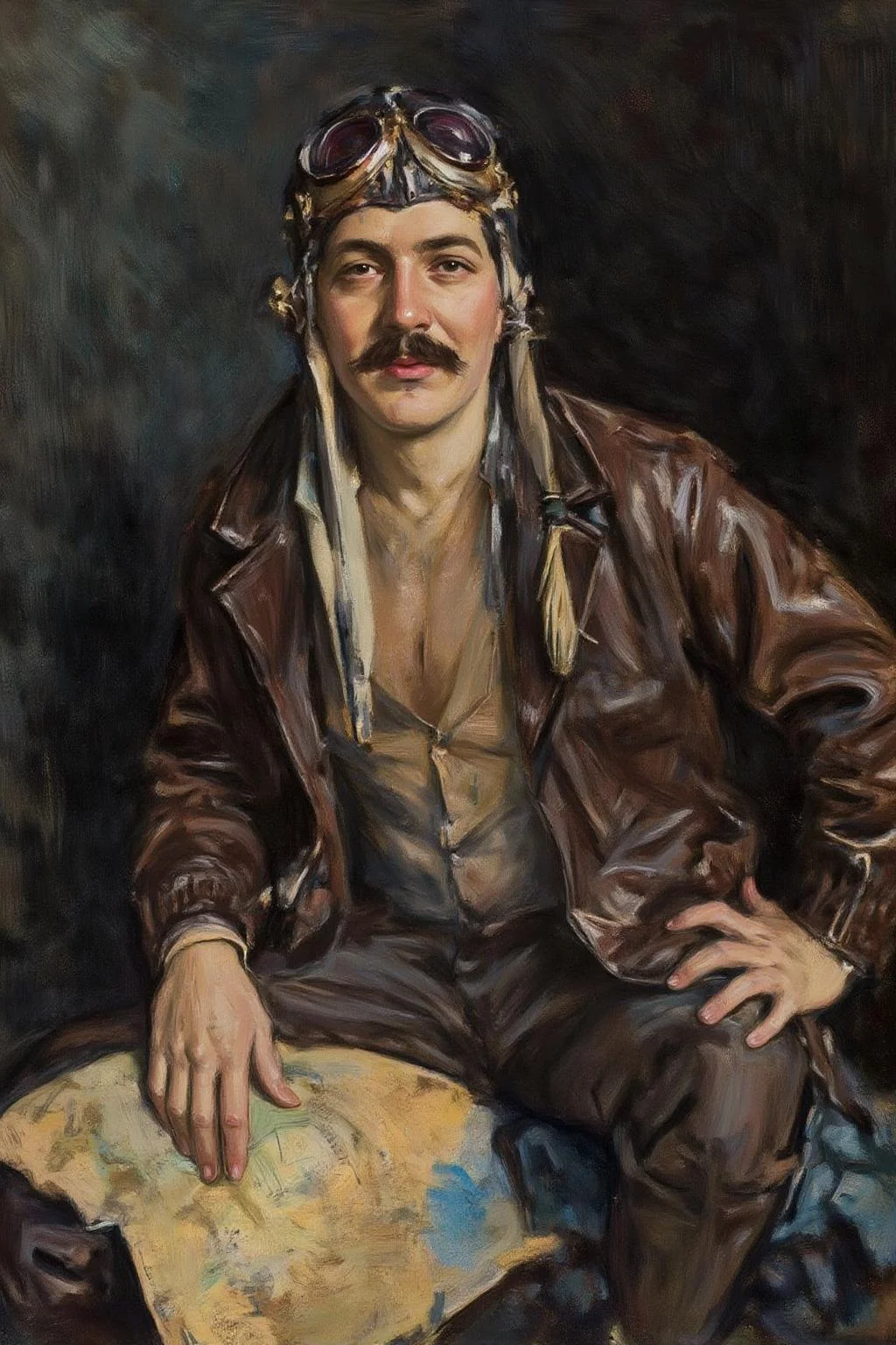 howardchandlerchristy1 illustration.
frankowensalisbury1. A WW1 pilot with a mustache, dressed in a leather jacket and wearing aviator goggles. He is posing with a raised knee, with an arm resting on his knee. He is holding a map. The background is dark and textured.
<lora:howardchandlerchristy1_d8a4e11:1.0><lora:865854253111970523:0>