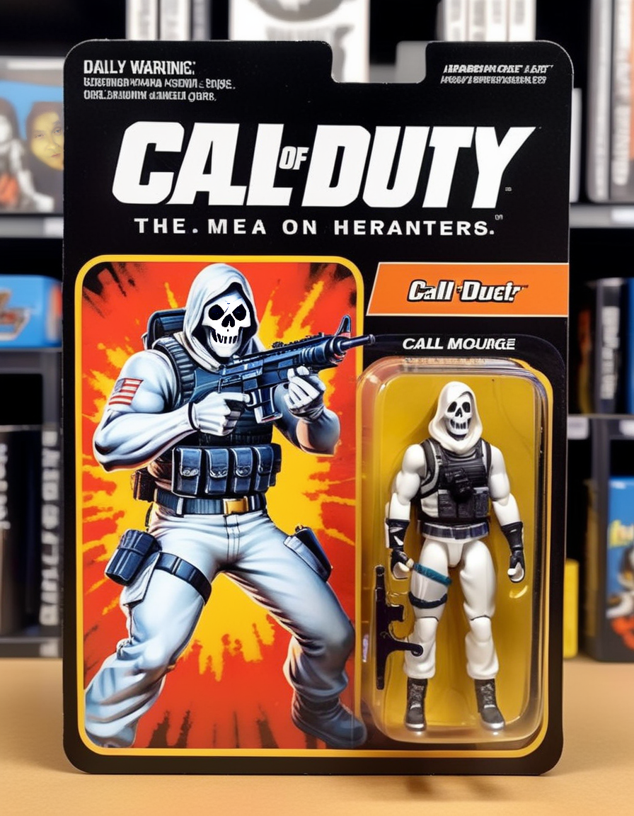 A photorealistic depiction of 'Ghost' from the iconic game 'Call of Duty,' captured in a pivotal moment of action. Ghost, clad in his distinctive military gear with the skull-patterned balaclava, is intensely focused, with a background blur illustrating the heat of battle. Beside the image, a cartoon illustration of Ghost is printed on the packaging, showcasing a more stylized and playful version of the character. Adjacent to this, a meticulously detailed action figure of Ghost stands, mirroring the character's design with remarkable accuracy, completing a trio of representations that celebrate the character's legacy in gaming,<lora:gonza_v2:0.75>
