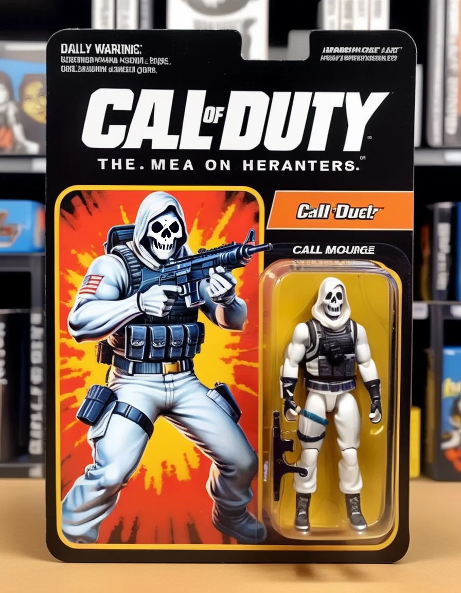 A photorealistic depiction of 'Ghost' from the iconic game 'Call of Duty,' captured in a pivotal moment of action. Ghost, clad in his distinctive military gear with the skull-patterned balaclava, is intensely focused, with a background blur illustrating the heat of battle. Beside the image, a cartoon illustration of Ghost is printed on the packaging, showcasing a more stylized and playful version of the character. Adjacent to this, a meticulously detailed action figure of Ghost stands, mirroring the character's design with remarkable accuracy, completing a trio of representations that celebrate the character's legacy in gaming,<lora:gonza_v2:0.75>