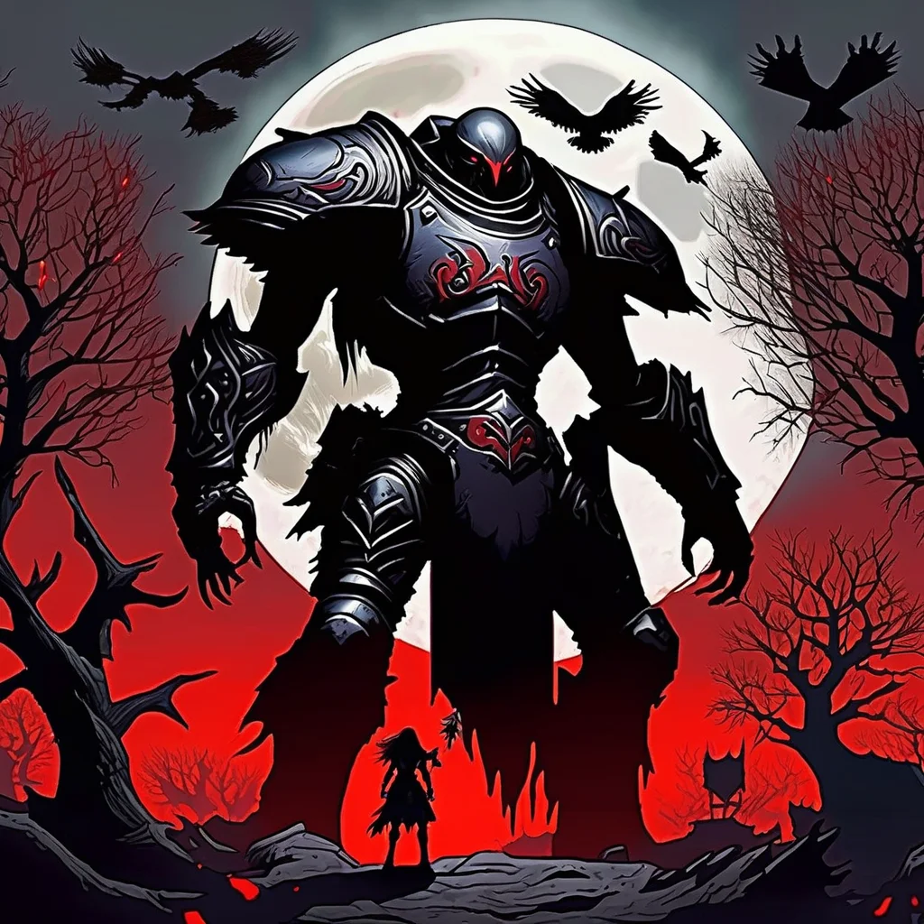 moon,girl,tank,bloodrain,monster army,(horror),armor,raven,fog,death tree,(valorant)