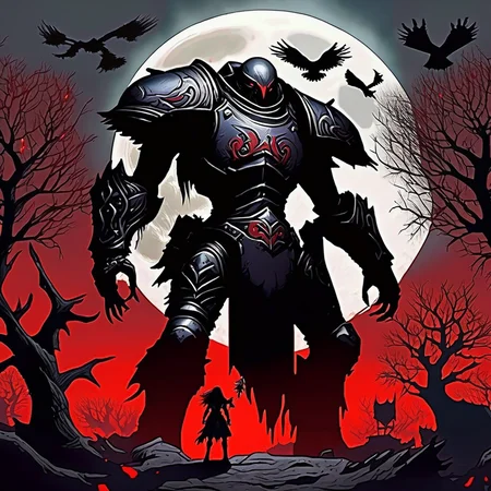 moon,girl,tank,bloodrain,monster army,(horror),armor,raven,fog,death tree,(valorant)