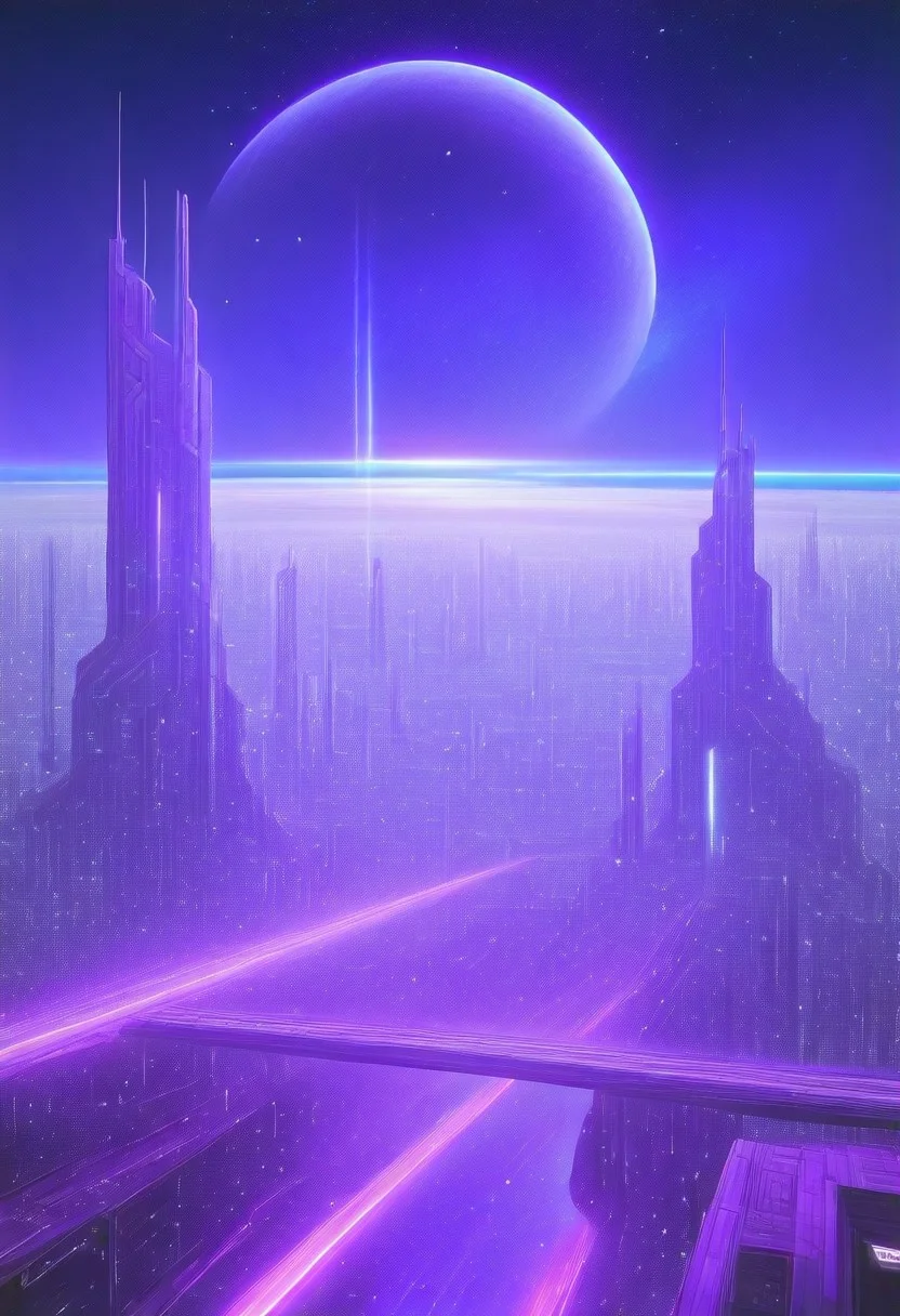 High quiality, high resolution, high definition,
Magical city with skyscrapers, a planet with purple colors and lines that emit white light surrounded by a planet ring, with the view from behind a cat looking towards the city, citybkg, anime style, high ilumination, galaxy sky, calid colours, spacial station