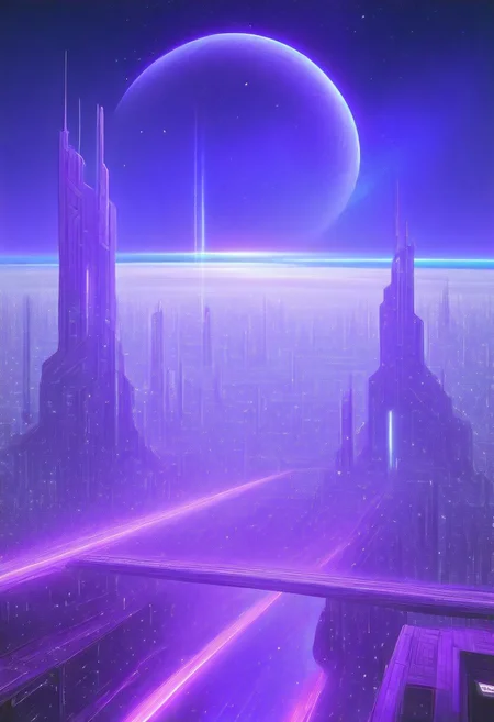 High quiality, high resolution, high definition,
Magical city with skyscrapers, a planet with purple colors and lines that emit white light surrounded by a planet ring, with the view from behind a cat looking towards the city, citybkg, anime style, high ilumination, galaxy sky, calid colours, spacial station
