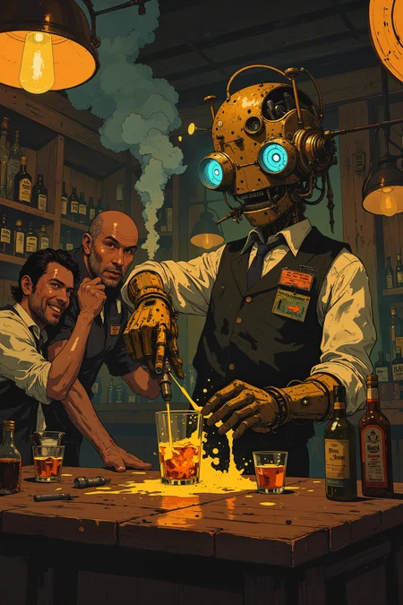 In the corner of a smoky pub, a grizzled mechanic with burn scars across his knuckles curses at a malfunctioning automaton bartender. The brass-clad figure, meant to pour drinks with perfect precision, instead sputters and shudders, sloshing whiskey across the worn wooden counter. Patrons laugh and jeer as the mechanic wipes his face, his monocle dangling precariously from one ear. The soft hum of jazz from a phonograph in the background only adds to his humiliation. The bartenderâs glowing blue eyes flicker as its voice box emits a garbled apology in a tinny, static-laced tone. Muttering a few unsavory words, the mechanic reaches for his toolkit, ready to pry open the automatonâs chest and put an end to its drunken incompetence. Steam hisses from its joints, filling the air with the scent of scorched metal and spilled liquor. As the pub erupts in laughter once more, the mechanic slams his wrench onto the counter, vowing to never trust a machine to do a humanâs job again. , detailed background Fantastic lighting. Detailed shadows.intricate details, vivid colors, hyper-detailed, ultra-sharp, , ,in the style of cksc,anime, cyberpunk, DB4RZ, DB4RZ style painting <lora:CPA:0.5><lora:FLUX-daubrez-DB4RZ:0.3><lora:Luminous_Shadowscape-000016:0.3><lora:ck-shadow-circuit-000021:0.35>