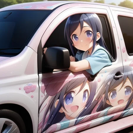 aragaki ayase,school uniform,smile, from side(lapping car,print car,painted car style),masterpiece,best quality, very aesthetic, absurdres, ultra detailed <lora:Ayase_Aragaki_-_Oreimo:0.7> <lora:lappingcar:1>