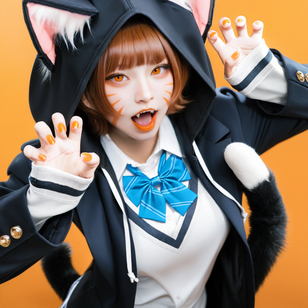 DSLR,(realistic,photorealistic:1.2),cosplay photo, masterpiece, best quality, very aesthetic, absurdres, 1girl, solo, animal ears, bow, teeth, jacket, tail, open mouth, brown hair, orange background, bowtie, orange nails, simple background, cat ears, orange eyes, blue bow, animal ear fluff, cat tail, looking at viewer, upper body, shirt, school uniform, hood, striped bow, striped, white shirt, black jacket, blue bowtie, fingernails, long sleeves, cat girl, bangs, fangs, collared shirt, striped bowtie, short hair, tongue, hoodie, sharp teeth, facial mark, claw pose,fingers,
 <lora:noobReal-V1:1>, <lora:spo_sdxl_10ep_4k-data_lora_webui:1>