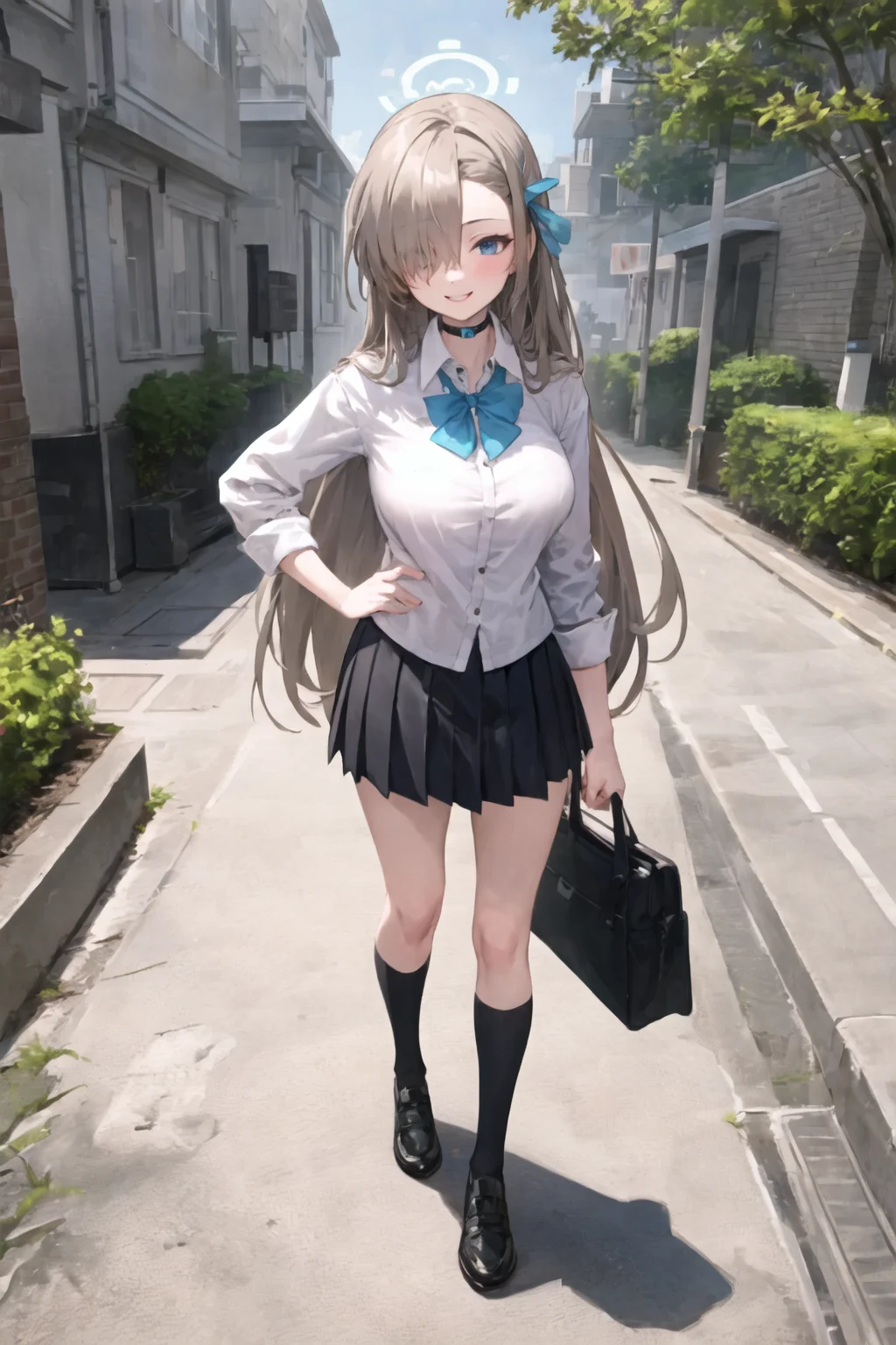 1girl, asuna, blue eyes, long hair, halo, hair over one eye
school uniform, white shirt, sleeves rolled up, black choker, black skirt, blue bowtie
large breasts, unbuttoned shirt
hand on hip, smile, pov, fullbody, shoes, very long hair, outdoors
<lora:AsunaBA-07:1>