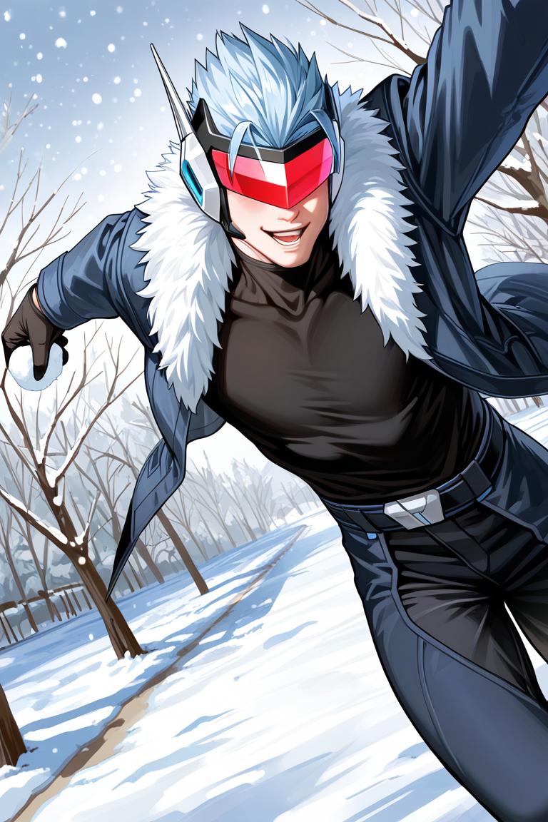 realistic shading, natural lighting, blindfolded-male focus, expressive happy face, saberregulator, red_saberregulator_tinted eyewear, light blue_saberregulator_spiked hair, grey-blue_saberregulator_single ear antenna, black_chin-headpiece, 1boy, shiny skin, incoming attack, incoming throw, holding snowball, winter cosplay, fur-trimmed coat, black turtleneck, cowboy shot, day outdoors park, snowing, snow, shadow, foreshortening, dutch angle, dynamic angle, dynamic action, intricately detailed illustration, cinematic, depth of field, atmospheric perspective, masterpiece, best quality, amazing quality, very aesthetic, absurdres, newest