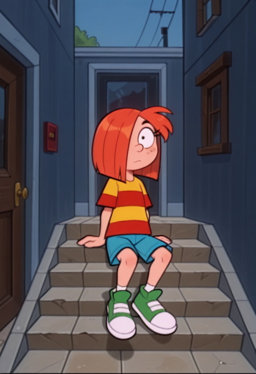 score_9, score_8, score_7_up, source_cartoon, orginal source, parody highres, absurdres, masterpiece, highly detailed, rating_safe, solo, BREAK,
WACGRANDD, 1girl, red hair, hair over one eye, orange hair, shirt, red shirt, yellow shirt, striped shirt, striped, blue shorts, green shoes, shorts, shoes, 
1girl, solo, sitting, closed_mouth, outdoors, looking_at_viewer, stairs, day, arm_support, door, stair rails, windows, night