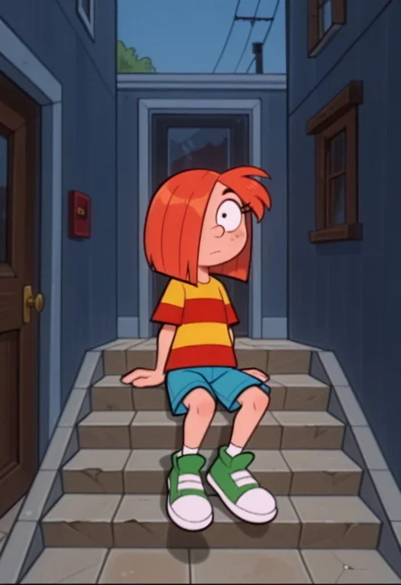 score_9, score_8, score_7_up, source_cartoon, orginal source, parody highres, absurdres, masterpiece, highly detailed, rating_safe, solo, BREAK,
WACGRANDD, 1girl, red hair, hair over one eye, orange hair, shirt, red shirt, yellow shirt, striped shirt, striped, blue shorts, green shoes, shorts, shoes,
1girl, solo, sitting, closed_mouth, outdoors, looking_at_viewer, stairs, day, arm_support, door, stair rails, windows, night