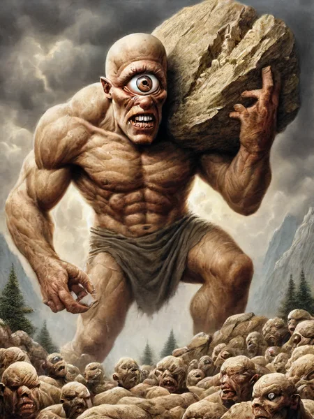 cyclops, one eye, solo, open mouth, 1boy, male focus, outdoors, sky, teeth, cloud, tree, no humans, muscular, cloudy sky, veins, monster, rock, mountain, realistic, bald, giant, one-eyed <lora:cyclopes:1>