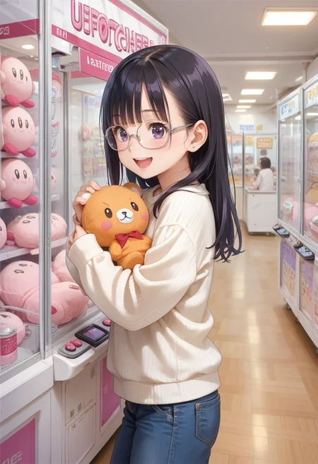 score_9, score_8_up, score_7_up, rating_safe, masterpiece, best quality, absurdres, unity 8k wallpaper, official art, official style, source_anime, game cg, megami magazine,
1girl, solo, glasses, black hair, long hair, white ribbed sweater, jeans, happy, smile, looking at another, open mouth, solo focus, face focus, side view,
UFOCatcher, crane game, arcade, scenery, indoors, still life, character doll
<lora:UFO_CATCHER_PONY_V1:1>