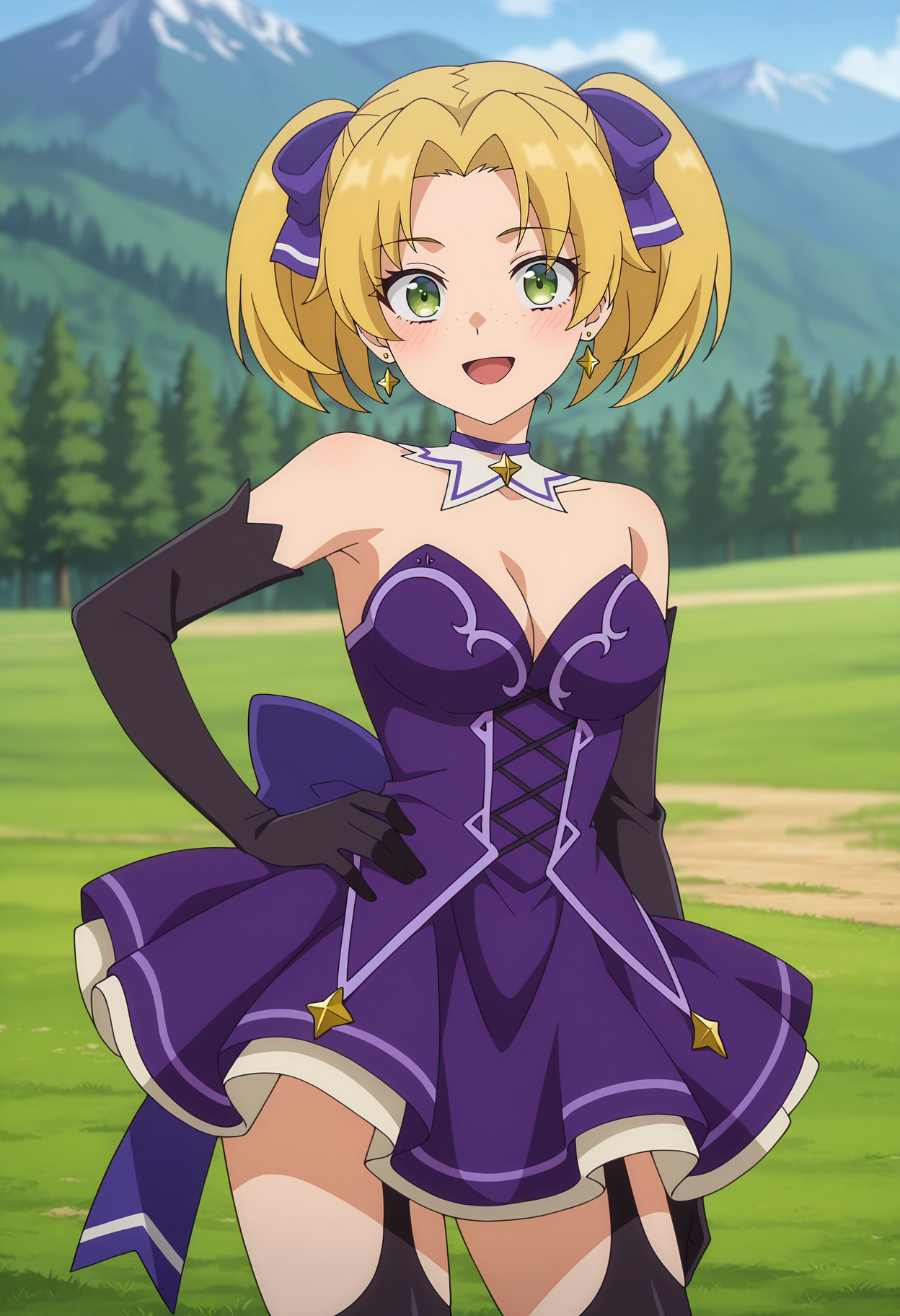 anime screencap, masterpiece, best quality,
<lora:ARankParty(Aparida)_OsenJamie_IlluXL:0.9>,
1girl, solo, open mouth, smile, blush,
short twintails, parted bangs, blonde hair, green eyes, freckles, star earrings, hair ribbon, purple ribbon,
detached collar, sleeveless dress, cross-laced dress, short dress, purple dress, detached sleeves, black gloves, back bow, purple bow,
garter straps, black thighhighs,
hand on own hip, contrapposto, looking at viewer, cowboy shot,
forest, mountainous horizon, grass, nature, day, blurry background