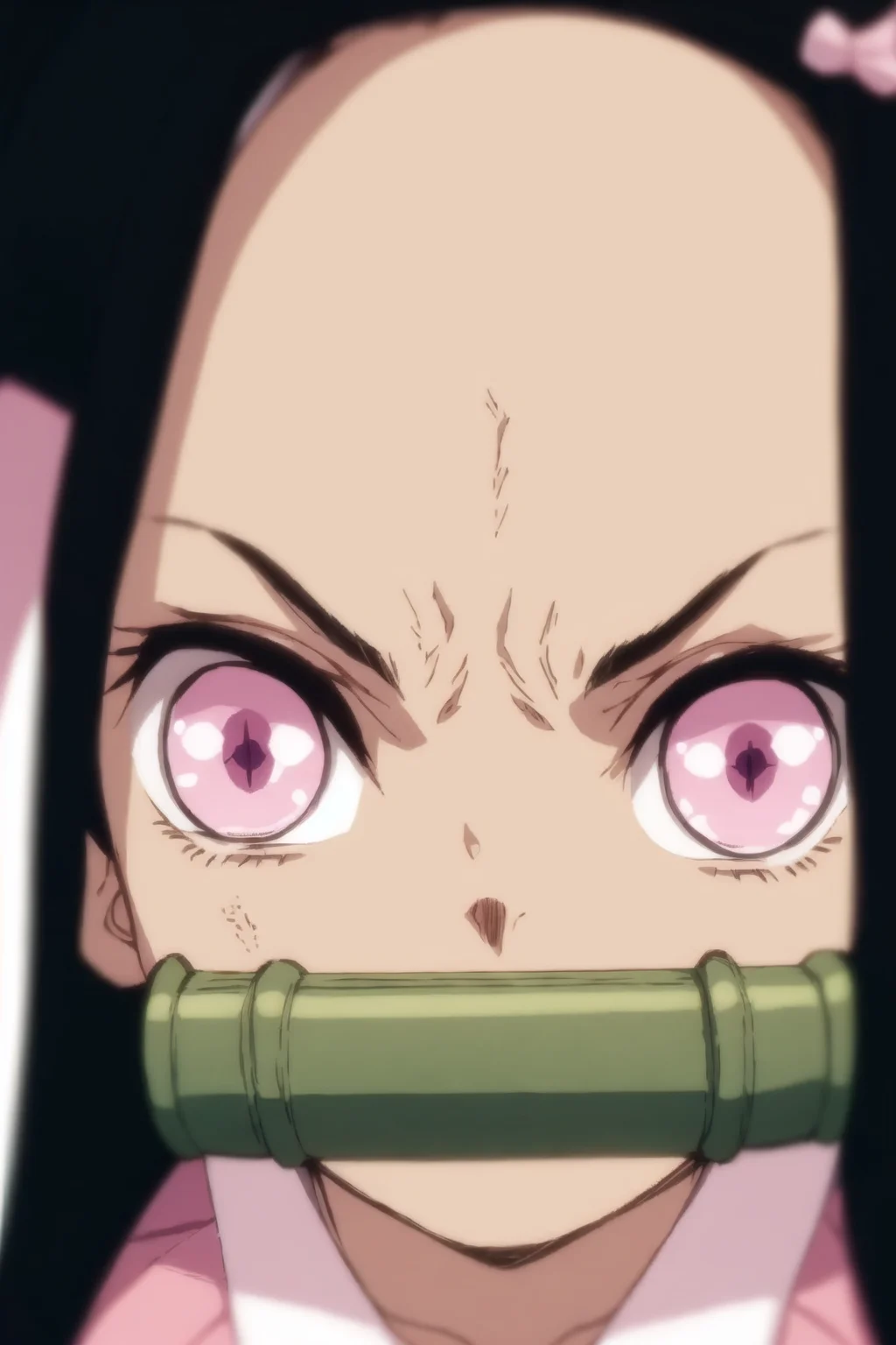 <lora:Nezuv1:0.7>, 1girl, bamboo, blurry, black hair, close-up, eye focus, face, glowing, glowing eyes, kamado nezuko, long hair, looking at viewer, pink eyes, solo