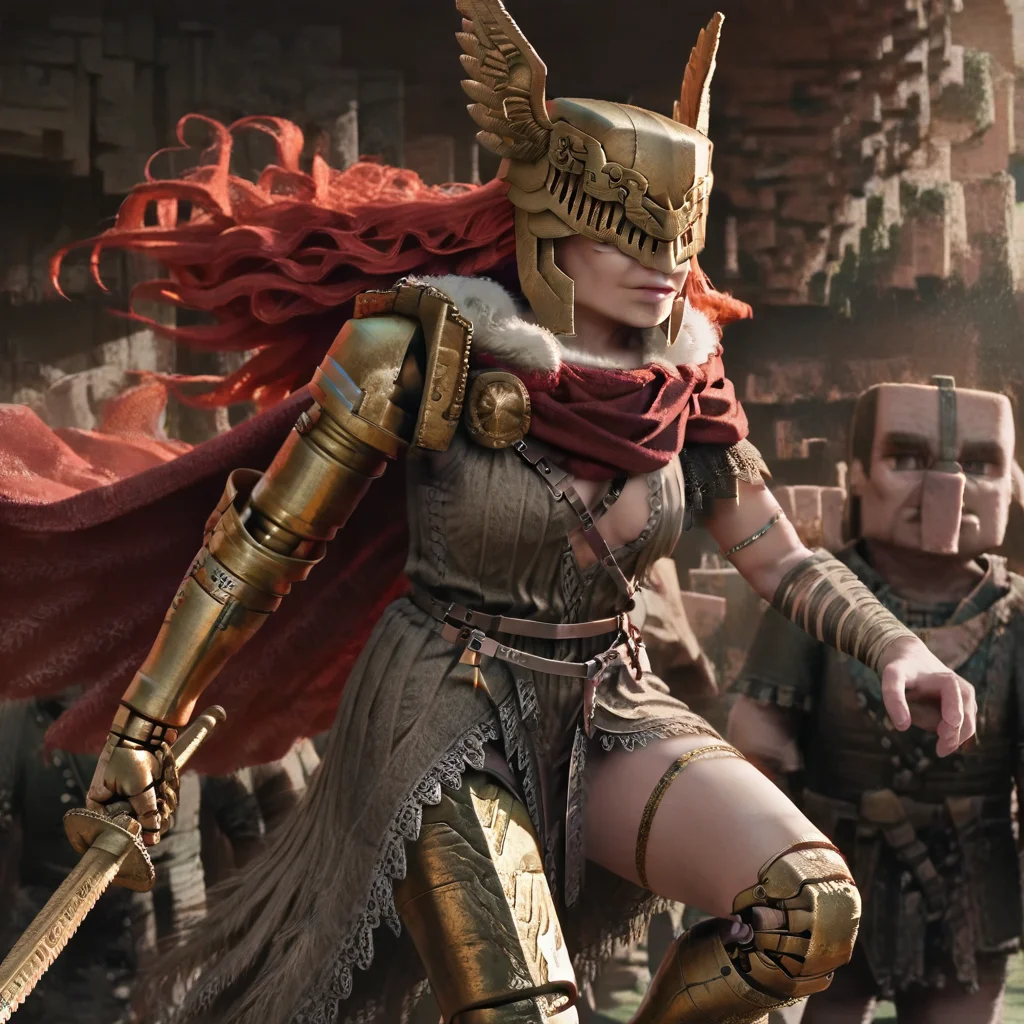 masterpiece, best quality, newest, absurdres, highres, MCMCG_V1.0-IL, cgi, 3d, realistic, 1girl, malenia blade of miquella, floating hair, red hair, long hair, prosthetic leg, armor, gold armor, winged helmet, armor, red cape, prosthetic arm, single mechanical arm, holding sword, sword, weapon, holding, holding weapon