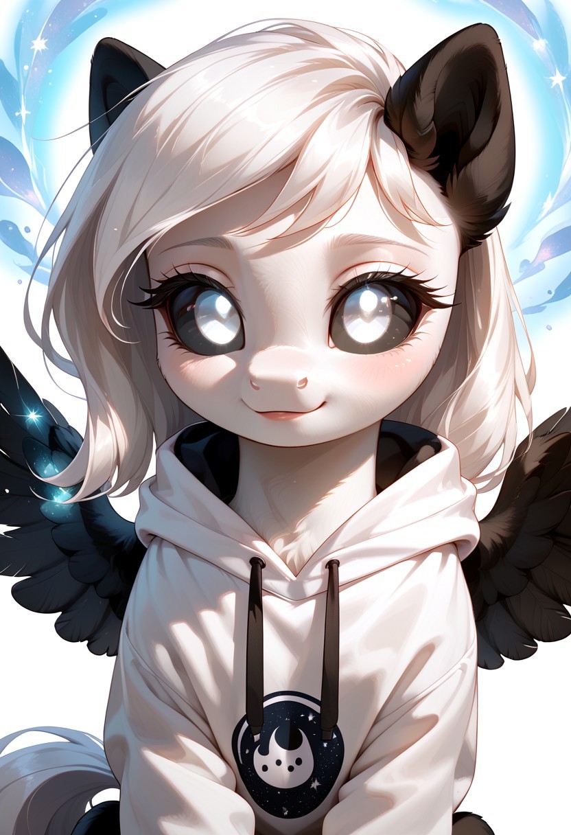 score_9, score_8_up, score_7_up, score_pony, zPDXL3, Albina, black sclera, black folded wings, black ears, soft white fur, glowing white eyes, long white hair, wearing a hoodie with the hood up, delicate and cute, high-angle perspective, albino features, looking up with an innocent expression, ethereal and otherworldly aura, subtle blush on cheeks, serene and mysterious atmosphere.