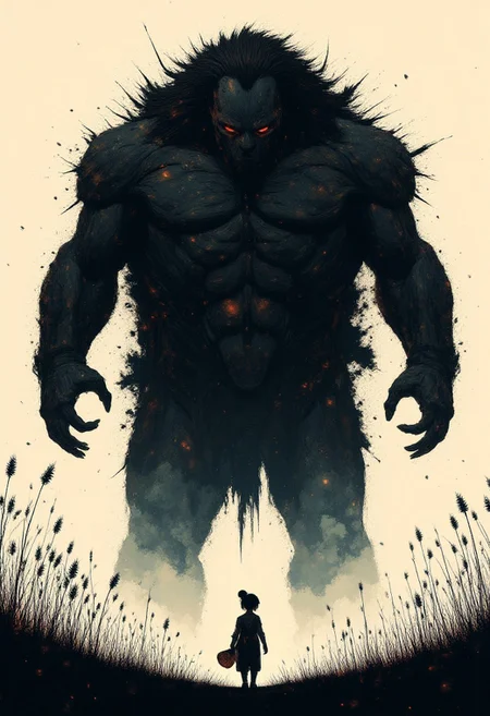 Monochrome illustration, child and huge monster, child (young boy) walking with a monster on a leash behind him, dark monster figure, child walking away from monster, monster facing child, central composition, full body shot from slightly below, detailed fur, fangs and glowing yellow eyes of monster, intricate details, flowing lines, stark contrast between child's simple form and terrifying monster, child's pose natural, child's expression playfull, monster's expression mischievous, grayscale color palette, delicate brushstrokes, detailed anatomical structure, (child's skin texture:1.1), (monster's fluffy fur texture:1.2), high-detail digital art, horror fantasy, detailed art, realistic anatomical drawing style, perfection style
