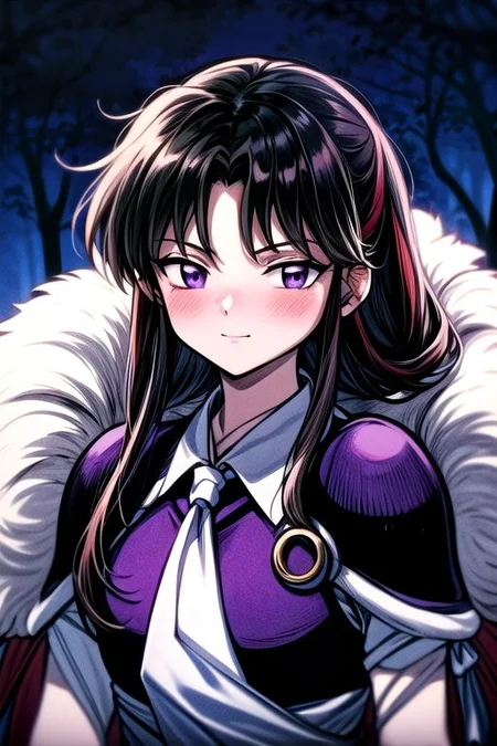 masterpiece, best quality 1girl Setsun4 solo long hair, (night time) forest background black hair very long hair purple eyes multicolored hair armor (fur trim) (medium body),<lora:EMS-179-EMS:0.800000>,<lora:EMS-293862-EMS:0.800000> bow, hair_bow, hair_tubes, red_bow, brown_hair, long_hair, bangs, ascot, frilled_bow, yellow_ascot, blush, smile, hair_between_eyes, athletic, armor, miko