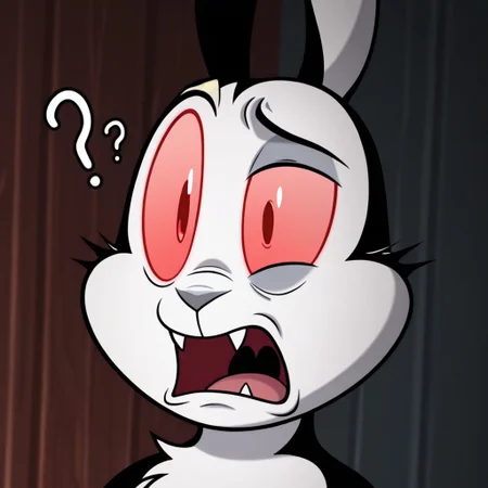 masterpiece, best quality, amazing quality, bunnicula, male, furry male, feral, solo, rabbit, black fur, white fur, two tone fur, red sclera, red eyes, fangs, grey nose, tail, paw pads, confused, raised eyebrow, open mouth, close up, portrait