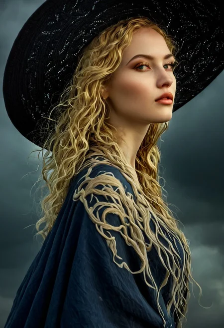 This is a highly detailed, photorealistic digital artwork featuring a striking, statuesque woman with an ethereal, almost mythical appearance. She stands against a dramatic, dark, cloudy sky, suggesting an ominous, almost stormy atmosphere. Her skin has a porcelain complexion and she has long, wavy, golden-blonde hair cascading down her back, styled in loose waves. She wears a large, black, wide-brimmed hat adorned with intricate, twisted, branch-like designs, adding to her otherworldly aura.