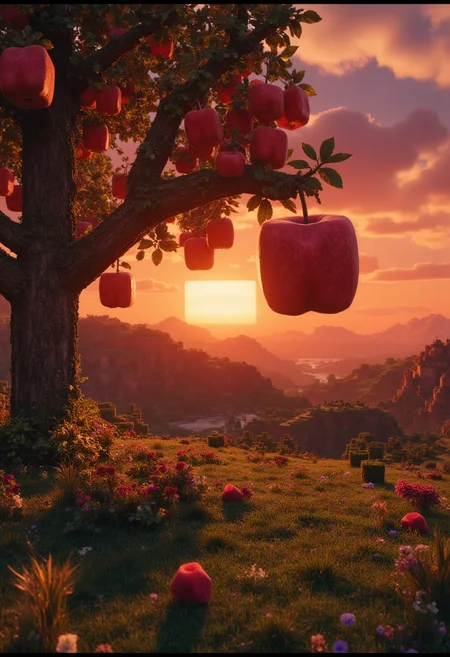 Square shaped apples ripening on a tree. Square shaped sunset. Minecraft style.