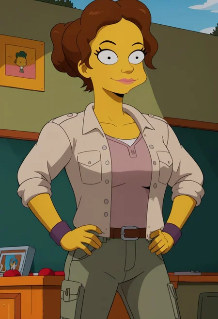 ((bedroom background)),score_9, score_8_up, score_7_up,score_6_up,
1girl, solo, CarolB_TS, yellow skin, black eyes, dark brown hair, voluminous wavy hair, hair gathered in a loose bun, purple wristband, beige jacket rolled up, dull pink sleeveless shirt, green short cargo pants, brown belt with silver buckle, dark purple military boots, big eyes, tall stature, social smile, perfect eyes, perfect smile, looking at the viewer, big breasts, detailed eyes, perfect eyes, cute, standing, (front pose, bust shot, close up to face, face portrait:1) hands on hips