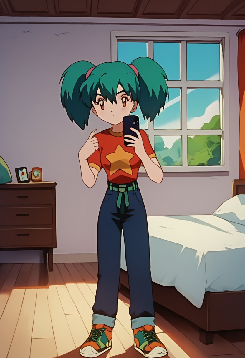score_9, score_8_up, score_7_up, score_6_up, score_5_up,
pkmnduplica, 1girl, green hair, aqua hair, twintails, bangs, hair between eyes, brown eyes, vivid red shirt, star (print), short sleeves, navy blue pants, green belt, orange sneakers
standing, bedroom, window, bed, pillows, detailed background, mirror, selfie, cellphone holding cellphone, purple cellphone, solo