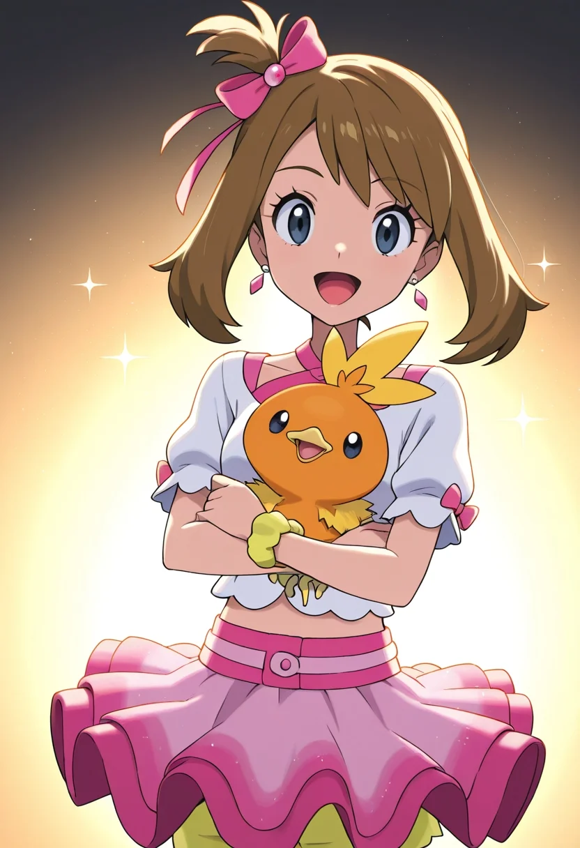 embedding:zPDXL3, anime coloring, masterpiece, best quality, absurdres, depth, intricate details, newest, (volumetric lighting),soft lighting, cute pose, cuddling, holding in arms, girl holding small creature, looking at viewer, warm lighting, glow, sparkles,  BREAK   may, idol, 1girl, happy,blue eyes, shirt, skirt, brown hair, ribbon, single ponytail, jewelry, white shirt, hair ribbon, short sleeves, hair bow, earrings, medium hair, midriff, bracelet, eyelashes, sparkle, buttons, pink bow, pink skirt, pink ribbon, yellow ribbon, wrist scrunchie, shorts under skirt, shorts, jaggy lines,  BREAK   Torchic, pokemon \(creature\), black eyes, open mouth, being held, small creature, resting in arms, close to girl <lora:[ILL][火雉雞-Xeranah]Torchic:0.6000000000000001> <lora:[ILL][小遙-ArtistIA]May_-_Pokémon_Illustrious:1.0000000000000002>