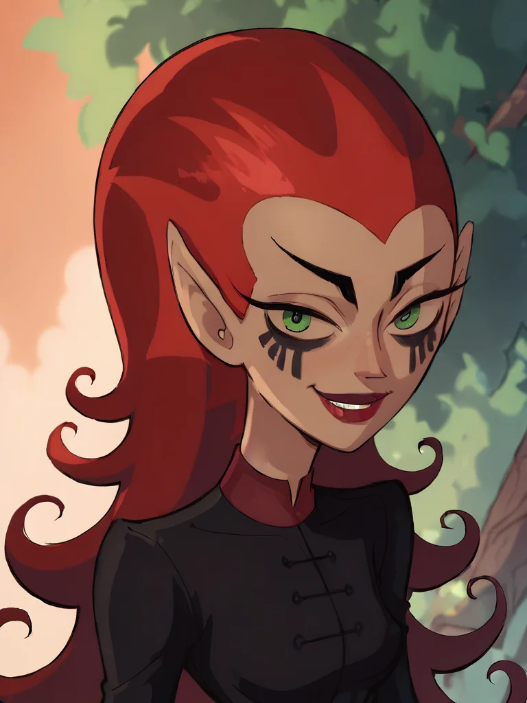 1girl, black dress, wuya, solo, long hair, red hair, pointy ears, green eyes, makeup, lipstick, facepaint, smile ,standing, looking at viewer,upper body, outdoors, score_9, score_8_up, score_7_up, score_6_up <lora:WuyaPony1.1:1.0> <lora:Smooth Anime Style LoRA XL:1>
