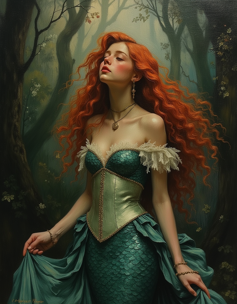 masterpiece, high quality, Oil Painting, Hyper-realistic, The little mermaid, dressed in silk and gold, held up the bride's train; but her ears heard nothing of the festive music, and her eyes saw not the holy ceremony; she thought of the night of death which was coming to her, and of all she had lost in the world. Elaborate details, (2/3 rule composition:0.5), ultra detailed, romantic, Rembrandt lighting, brush stroke, lovely, del1cate_balance style, in the style of Rembrandt. novuschroma, vantablack <lora:style_of_Rembrandt_FLUX_135:.8> <lora:- Flux1 - vanta_black_V2.0:.6>  <lora:Delicate_Balance:.3> <lora:neeeg_f1:-1> <lora:113_novuschromaFLX_1:.3>