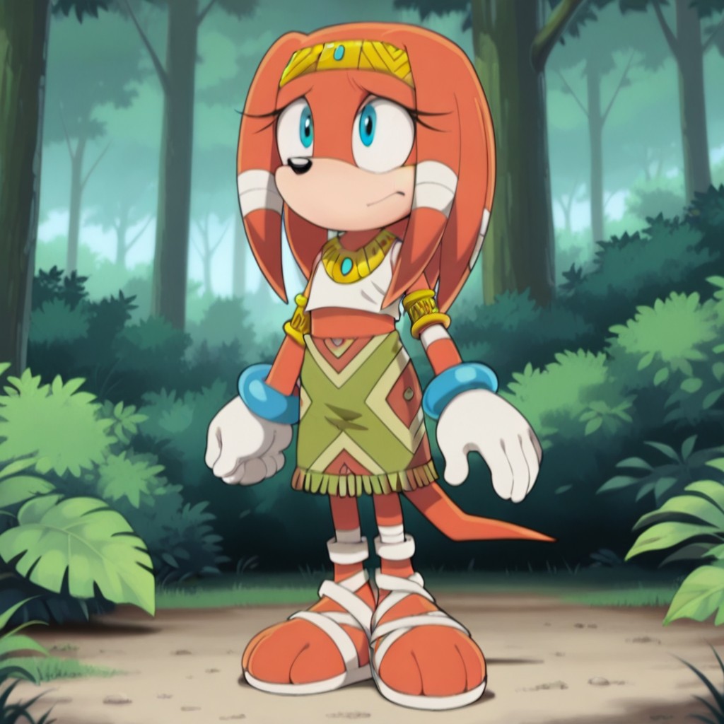 masterpiece, best quality, amazing quality, TikalSxil, anthro, female, echidna, peach-orange-fur, blue eyes, crop top, tribal skirt, golden armlet, golden necklace, gold hairband, white gloves, blue bracelets, white-strapped sandals, standing, in forest,, <lora:0e8f68c9-7c4f-4ec8-aa82-bfb7d09b502b:1.0>