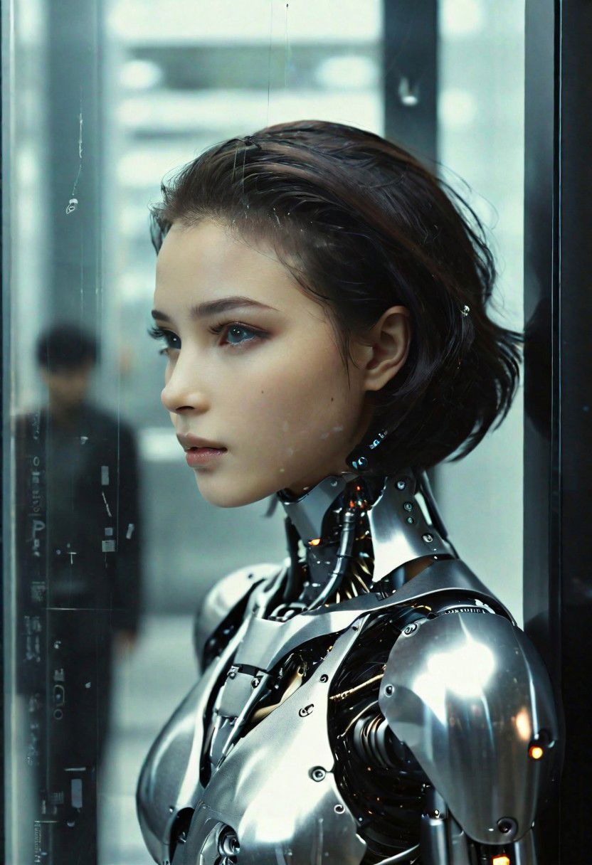 Transparent Elegant Anime Futuristic Android Humanoid Robot, Cyberpunk Artificial Intelligence Movie, Ex Machina Movie, Portrait, Robotics, Darkcore, Cyborgism, Surface Detail, talking to boy Nikon D750, long shot Professional photo of a robotic full body, hyper-realistic, natural beauty, no filter, depth of field, natural light, fashion catalog