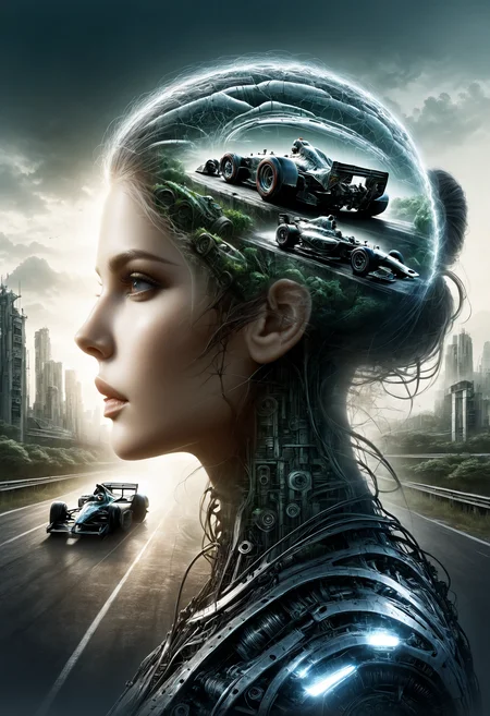 dvr-wwyt, a woman, (brain:0.0) f1 car made of dvr-frft racing on a circuit, in a post-apocalyptic city overgrown with lush vegetation, by Luis Royo, by Greg Rutkowski, dark, gritty, intricate, backlit, strong rimlight, cover illustration, concept art, volumetric lighting, volumetric atmosphere, sharp focus, double exposure <lora:dvr-wwyt:0.8>