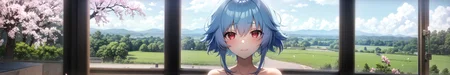 1girl,blue hair, short hair, red eyes, light blue hair, aqua hair,hair between eyes, sidelocks, short hair with long locks,bangs,hair flaps, messy hair,, classroom, open window, cherry blossoms, river
