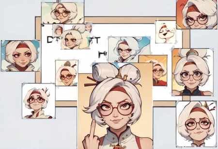 score_9, score_8_up, score_7_up, score_6_up BREAK photo (object), english text, multiple views, poster,difh,cropped,tape,purah,white hair,hair ornament, red headband, red glasses, sleeveless shirt, white coat,mouth closed,smug,middle finger <lora:DIFH:1.3> <lora:purah-pdxl-nvwls-v1:0.8>
