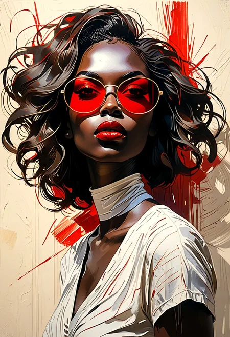 Multi-layered ink artwork portrait where the subject is a african woman, wearing red tinted sunglasses and red lipstick. the subject is entirely composed of (strokes, shadows, and a parallax effect:1.9). Each brushstroke is distinct, layered at varying distances, with every stroke casting a subtle shadow on the layer beneath it. These shadows and overlapping strokes create the illusion of the womans form—it's face, hair, and body—emerging from the interplay of light, depth, and texture.
BRAUN DESIGN STYLE. SIMPLICITY. REDUCED. CLEAN. 
Enigmatic, ART, IMposted, Radical, Surreal, Abstract. Vintage style. desaturated colors.