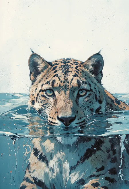 A majestic snow leopard with piercing icy blue eyes partially submerged in crystal-clear water, with only its head visible above the surface. The water gently ripples around its face, creating a soft splash effect. The leopard's fur is wet and slightly matted, glistening under a soft, bright light that creates a high-contrast, minimalist look. The background is clean and light, almost white, with a faint gradient to emphasize the serene, cold atmosphere