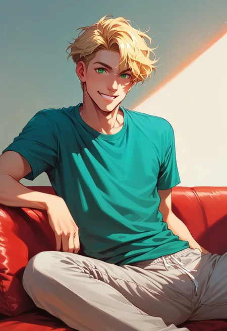 score_9, score_8_up, score_7_up, score_6_up, Aleshenka, masterpiece, best quality, BREAK 1boy, solo, open eyes, green eyes, green t-shirt, gray sweatpants, blonde hair, short hair, handsome, tall, smile, sitting on the red sofa, side view, looking at viewer, living room, simple background