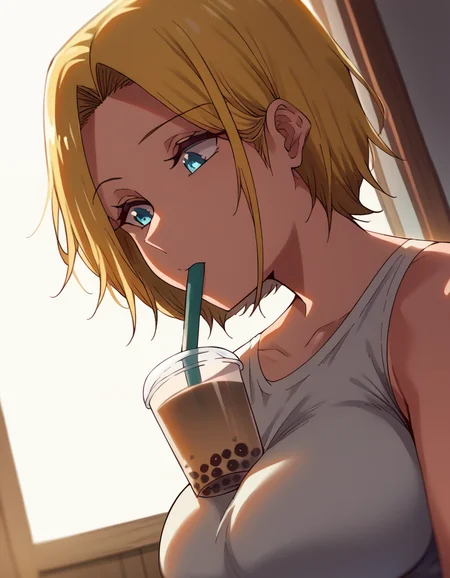 score_9, score_8_up, score_7_up, source_anime, <lora:reina-hamazaki-ova-ponyxl-lora-nochekaiser:1>, reina hamazaki, short hair, blue eyes, large breasts,, <lora:bubble-tea-challenge-ponyxl-lora-nochekaiser:1>, bubble tea challenge, bubble tea, object on breast, drinking straw, drinking straw in mouth, drinking, cup,, indoors, sitting, looking down, , cowboy shot, dutch angle