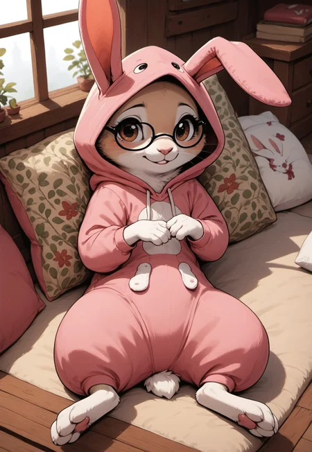score_9, score_8_up, score_7_up, score_6_up, score_5_up, score_4_up, [][][][][] m0use_goldie, (light beige fur, brown eyes), (((rabbit))), (feral:1.1), indoors, cottage, bed, sitting, (leaning back:1.2), (rabbit onesie), (rabbit costume:1.5), (pink rabbit ears), (drooping ears:1.5), (hood up:2), ((glasses)), barefoot, animal costume, pink pajamas, solo, (embarrassed expression:1.5), high angle view, (look at viewer:1.5), books, ((rabbit tail))