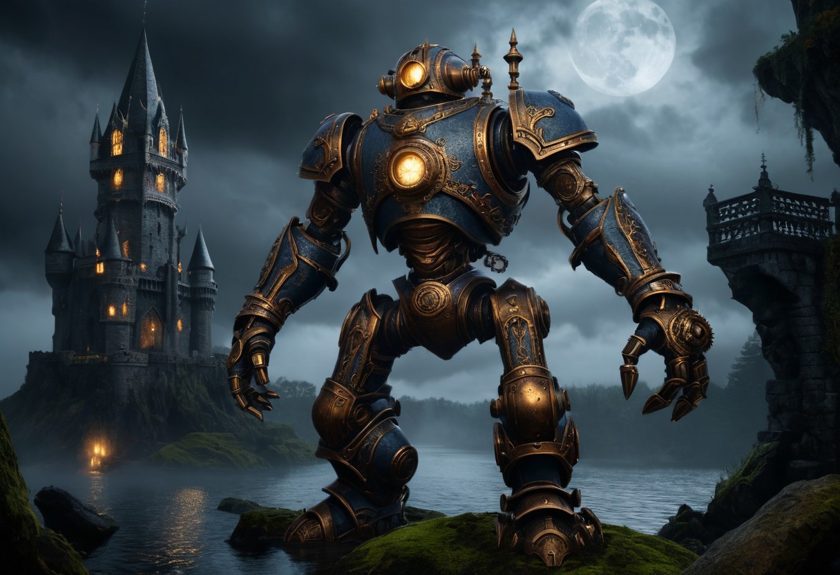 giant bipedal robot dirty slate blue and dark amber, bronze paisley robot. lacy robot diving helmet head. outside of a steampunk keep. large detailed torso. dark image. one forty foot tall ancient robot with great arms and two heavy spring legs. dark foggy night background. $dark foggy night image only. dark photo realistic image. steampunk details. cogs, chains and pipes incorporated in the fantasy buildings. magic wizards tower in background. Dark swamp, moss, castle ruins, wizards tower. stormy dark night.  Lightning sky
