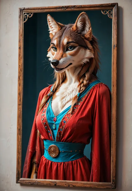 score_9, score_8_up, score_7_up, score_6_up, photorealistic, epiCPhotoGasm-colorfulPhoto, Realistic, highres, super high resolution, 8k, photo, furry, Furry, anthro, fur, wolf, female, gypsy clothes, furry tail